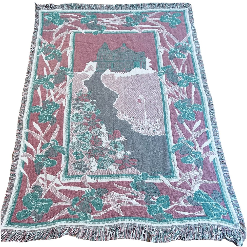 Cotton tapestry throw blanket Victorian house and garden scene 62"x46" Vtg Nice - Picture 8 of 8